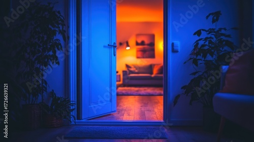 Open door to a dimly lit living room