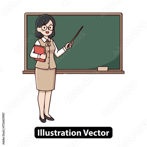 Illustration of a Female Teacher with Glasses and a Pointer Stick in Front of a Green Blackboard