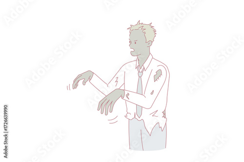Stress tiredness and feeling zombie concept. Young green tired businessman going walking feeling stressed and workaholic vector illustration