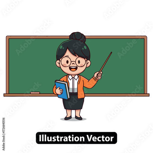 Happy Cartoon Teacher in Front of Chalkboard with Pointer and Book, Smiling and Educating