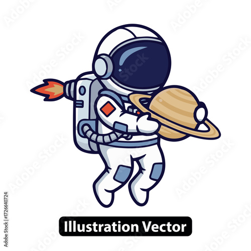 Cartoon Astronaut Character Holding a Planet with Rings, Space Exploration Concept
