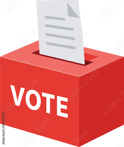 Red ballot box with vote sign and paper ballot symbolizing democracy civic duty and election participation isolated on transparent background