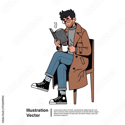 A stylish man relaxes with a book and a hot beverage, embracing a moment of peaceful solitude