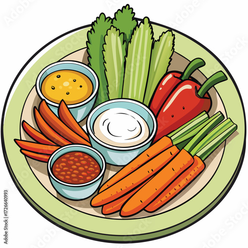 Plate of assorted vegetables with dipping sauces