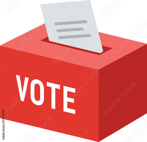 Red ballot box with 'vote' text and paper insert representing democracy election process isolated on transparent background