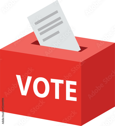 Red voting ballot box with 'vote' text and inserted paper document symbolizing democratic process and election participation isolated on transparent background