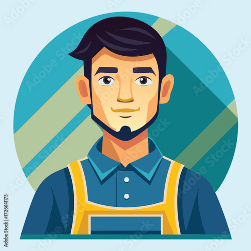 A young man with a goatee wearing a work apron in a professional setting.