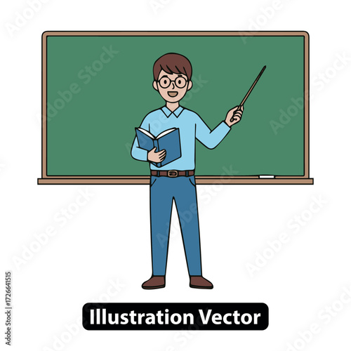 Illustration of a smiling teacher holding a book and pointing to a green blackboard with a stick