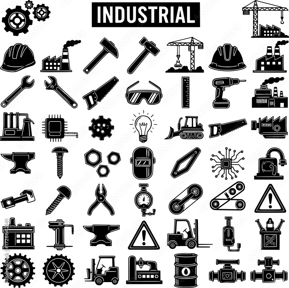 Obraz premium Industrial and Engineering Icons Set: Tools, Factory, Construction, Manufacturing Equipment, Machinery, Safety, and Mechanical Elements