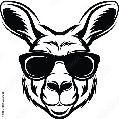 Kangaroo head wearing cool black sunglasses, depicted in stylized black and white lines