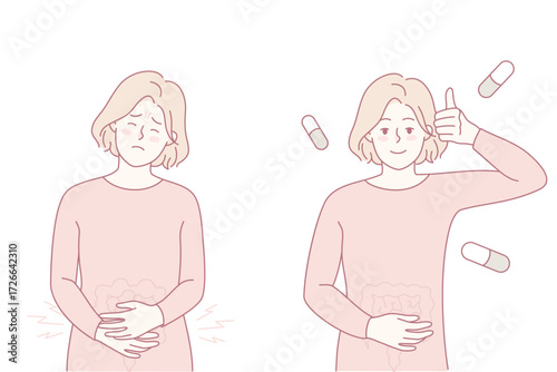 Unhealthy woman suffer from stomachache and feel better after pill. Girl taking medication from belly pain. Medicine and pharmacology. Vector illustration.