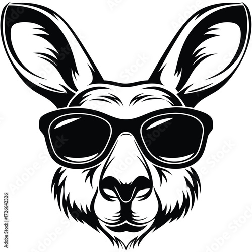 Kangaroo head wearing sunglasses exhibits a striking monochrome aesthetic, presenting an engaging visual