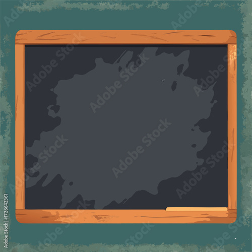 An old rustic blackboard with a wooden frame, slightly worn edges, and chalk dust marks, empty and ready for creative writing or classroom design