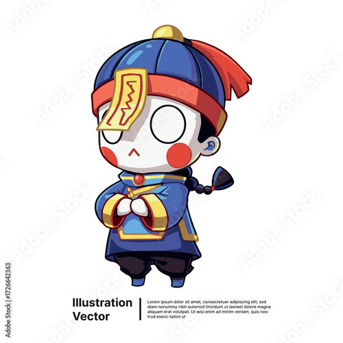 Whimsical Illustration of a Cartoon Character in Traditional Chinese Attire with a Playful Expression
