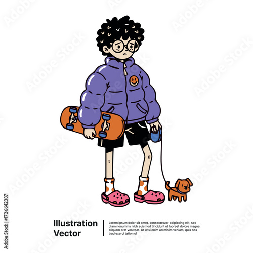 A cool cartoon teenager in a purple puffer jacket holding a skateboard while walking a small dog