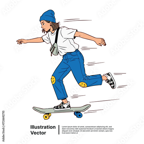 Active young woman enjoying urban freedom on a skateboard, cool street fashion illustration