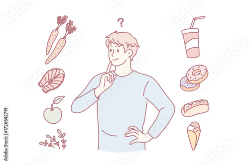 Food and diet choice concept. Young smiling man cartoon character standing trying to choose between healthy food and fat junk fast foods