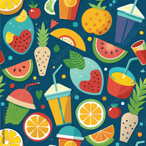Fruit drink pattern with various fruits and beverages