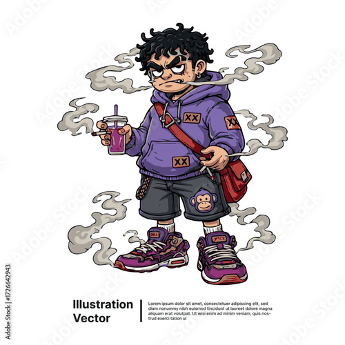 Edgy cartoon character with drink, bag, and determined expression in a dynamic illustration