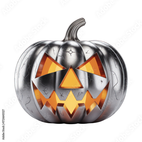 Metallic jack o lantern glowing on transparent background
