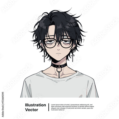 Portrait of a melancholic young man with black hair, glasses, and a choker in an anime style