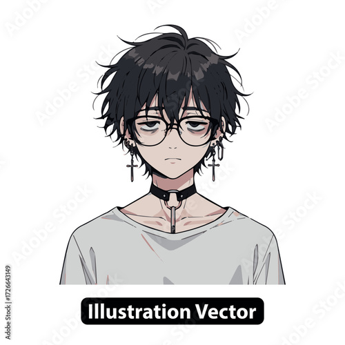 Anime character portrait of a melancholic young man with dark hair, glasses, and piercings