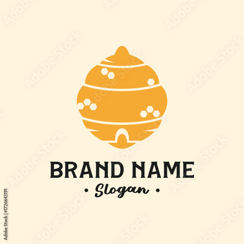 A stylized yellow beehive logo with hexagonal patterns and horizontal lines, set against a pale yellow background with the text "BRAND NAME" and "Slogan" below.