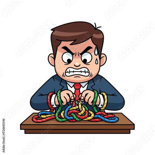 Stressed Businessman Entangled in Colorful Ropes - Overwhelmed by Complex Challenges