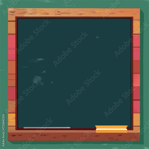 An old rustic blackboard with a wooden frame, slightly worn edges, and chalk dust marks, empty and ready for creative writing or classroom design