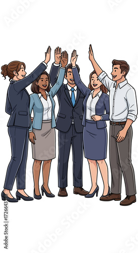Diverse business team celebrating success with a high-five, showcasing unity and collaboration
