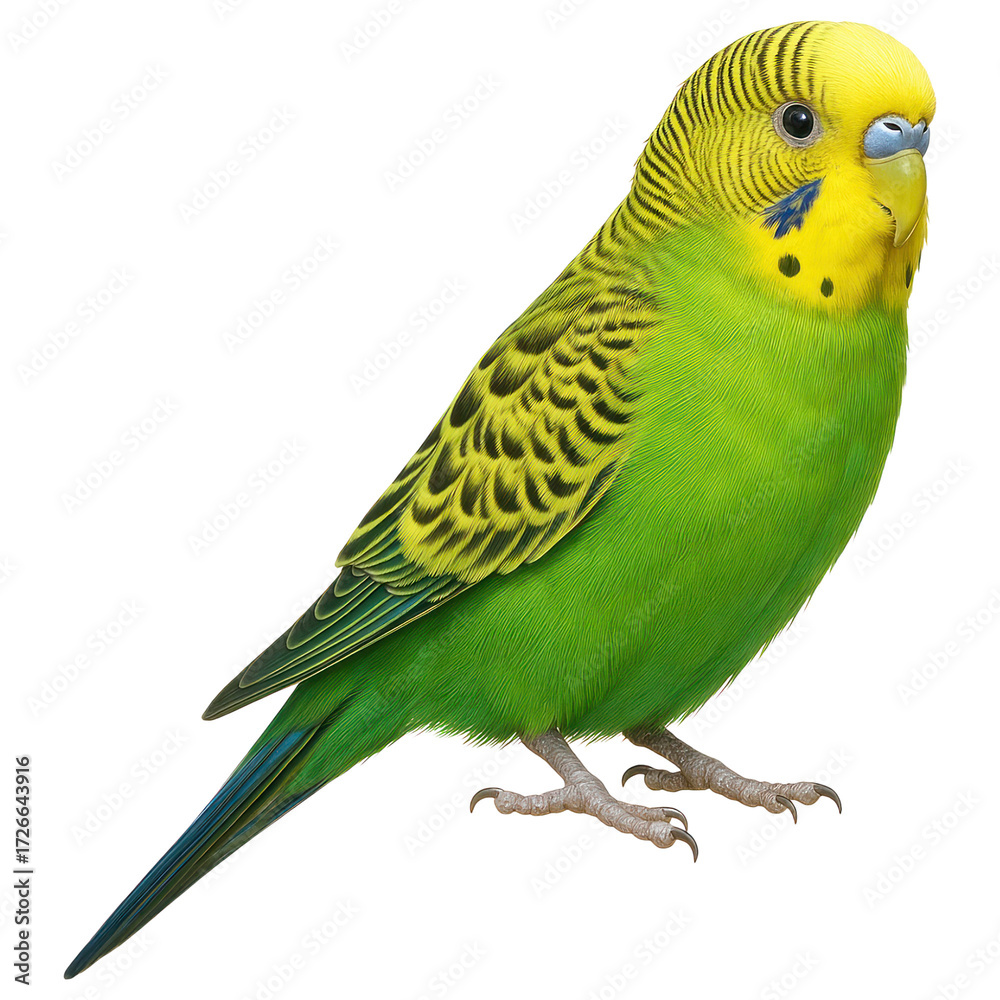 Fototapeta premium Colorful Green and Yellow Budgerigar Parrot with Black Feather Patterns