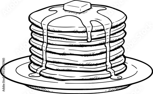a stack of pancakes with butter on a plate, black and white line drawing