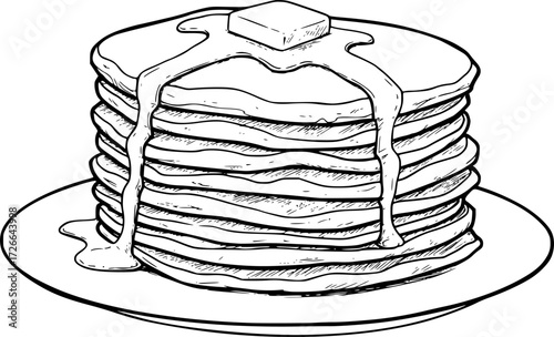 a stack of pancakes with butter on a plate, black and white line drawing