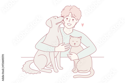 Happy man with cat and dog showing love and care. Smiling guy with pets enjoy domestic animals company. Vector illustration.