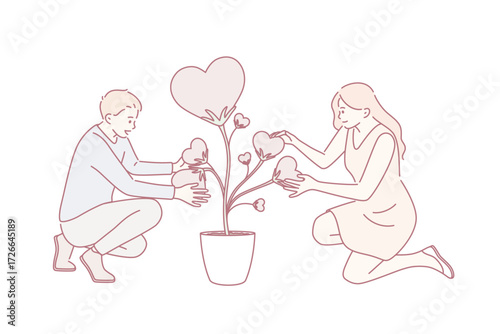 Taking care of love and plants concept. Young smiling couple woman and man cartoon characters sitting holding heart shaped leaves of love plant in pot together vector illustration