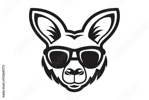 Monochrome kangaroo head artfully wears retro sunglasses in a stylish simple element