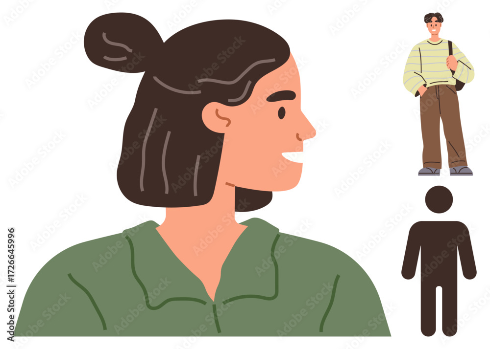 Fototapeta premium Side profile of a smiling brunette woman in a green shirt with bun hairstyle, accompanied by a stylish casual-dressed male figure and a simple human silhouette figure. Ideal for diversity, lifestyle