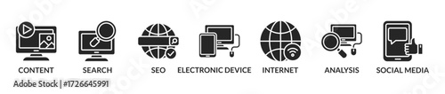Vector Illustration concept of digital online marketing. Icons and symbols for content marketing, social media, viral, seo, website, keyword, advertise and internet marketing