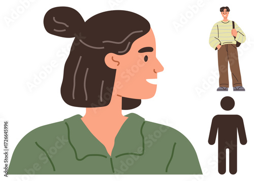 Side profile of a smiling brunette woman in a green shirt with bun hairstyle, accompanied by a stylish casual-dressed male figure and a simple human silhouette figure. Ideal for diversity, lifestyle