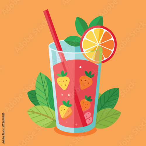 Strawberry and orange juice drink in a glass with straw
