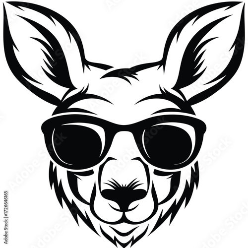 Monochrome kangaroo head wears dark glasses with a serious expression, staring intently forward
