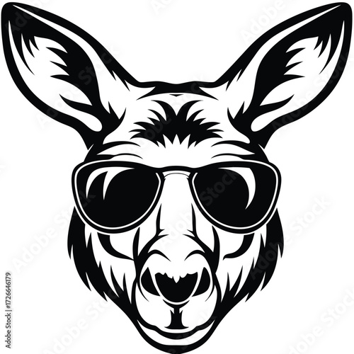 Monochrome kangaroo head with cool sunglasses illustrates a stylish and unique marsupial character