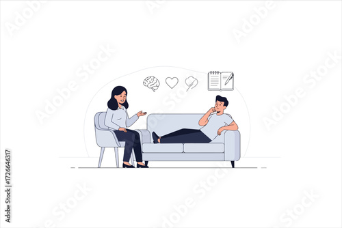 A woman therapist listens to a man lying on a couch, with symbols representing thoughts, feelings, and self-reflection.