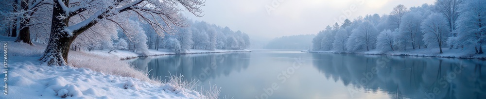 Fototapeta premium Snow covered woodland scene with frosty trees and serene lake, mountainous background, whiteout, forest scenery