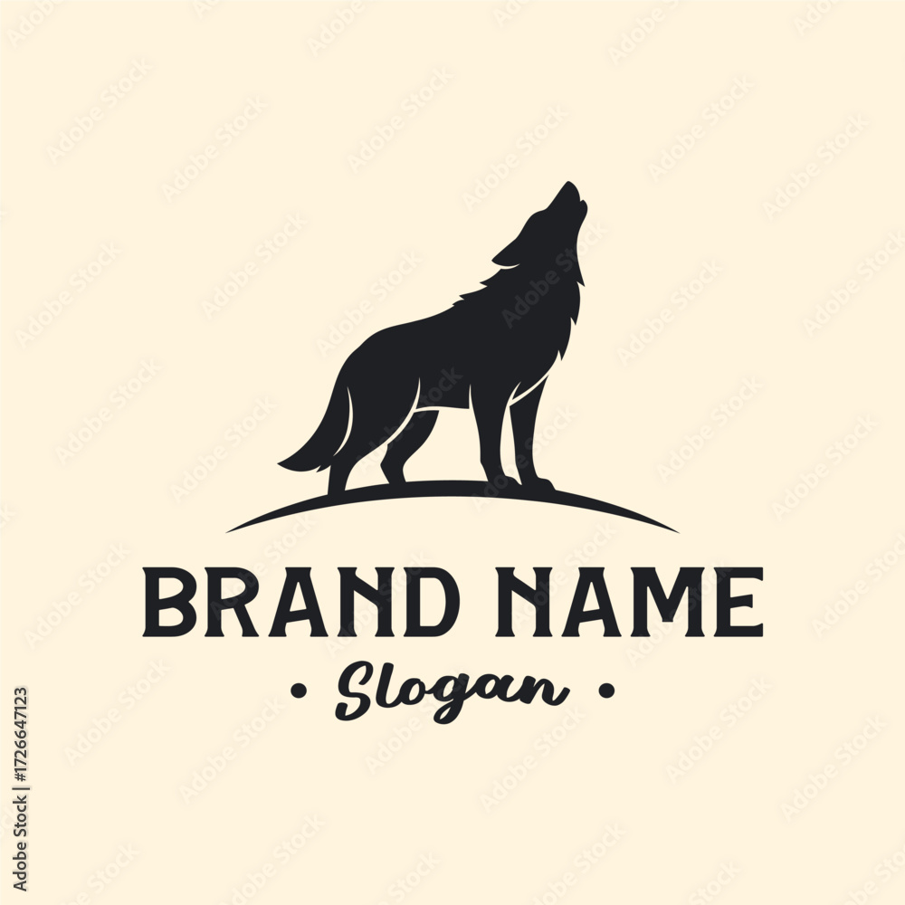 Naklejka premium Silhouette of a howling wolf on a hill, with brand name and slogan below.