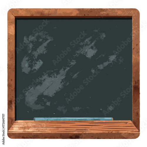 An old rustic blackboard with a wooden frame, slightly worn edges, and chalk dust marks, empty and ready for creative writing or classroom design
