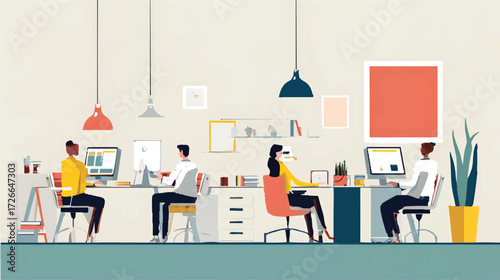 A modern office workspace with four people working at desks, featuring computers, plants, and colorful decor