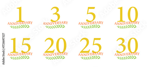金色の周年記念デザインセット（1周年, 3周年, 5周年, 10周年, 15周年, 20周年, 25周年, 30周年）