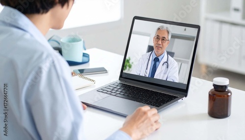 Online doctor consultation at home with a laptop and healthcare professional on screen