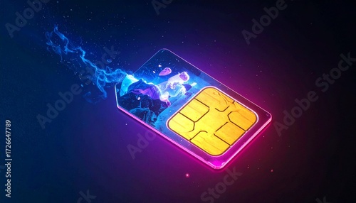 Neon sim card glowing with vibrant energy in a futuristic digital landscape